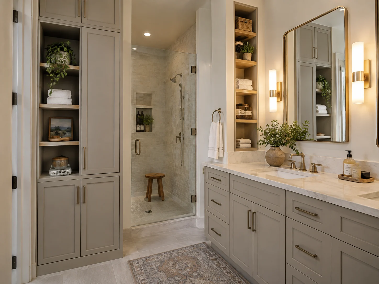 Custom bathroom vanity and built-in linen storage