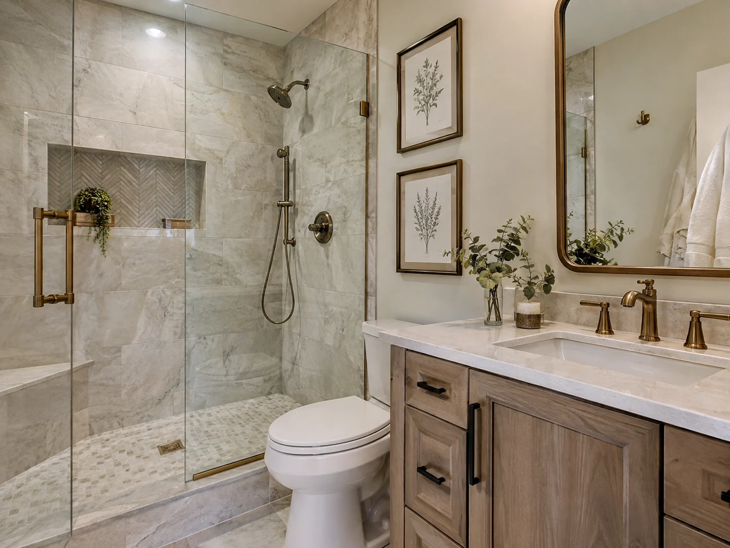 Remodeled bathroom with a tiled shower and custom wood vanity