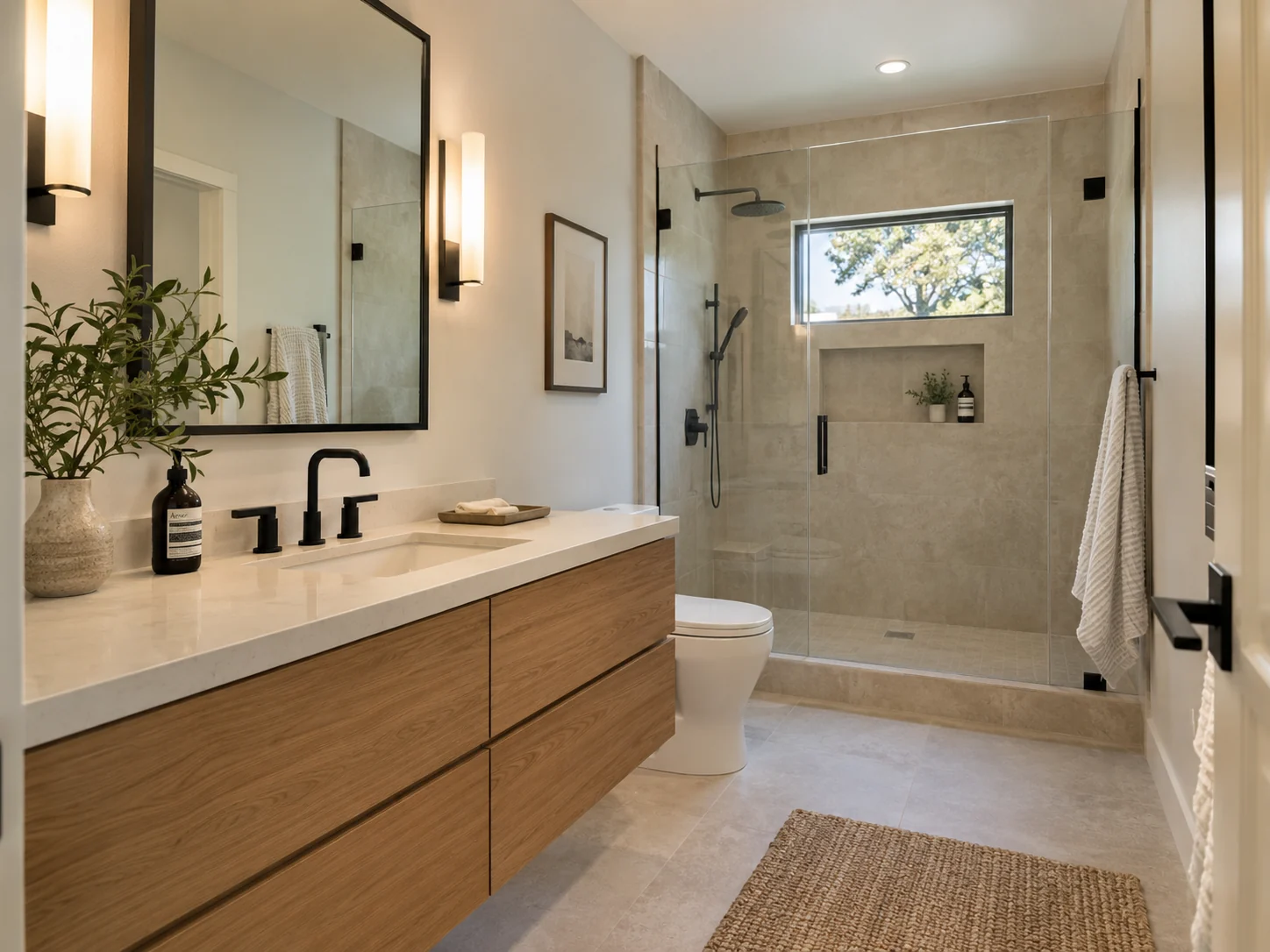 Modern bathroom with a floating wood vanity and glass shower enclosure