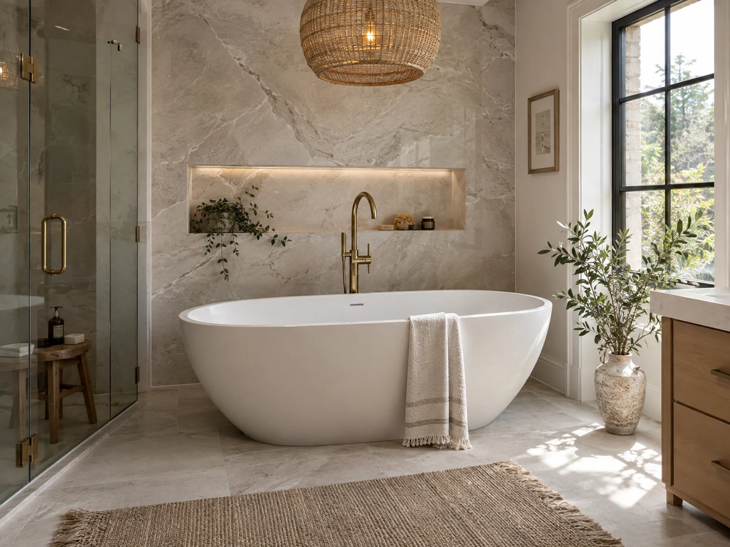 Remodeled bathroom with freestanding tub and marble feature wall