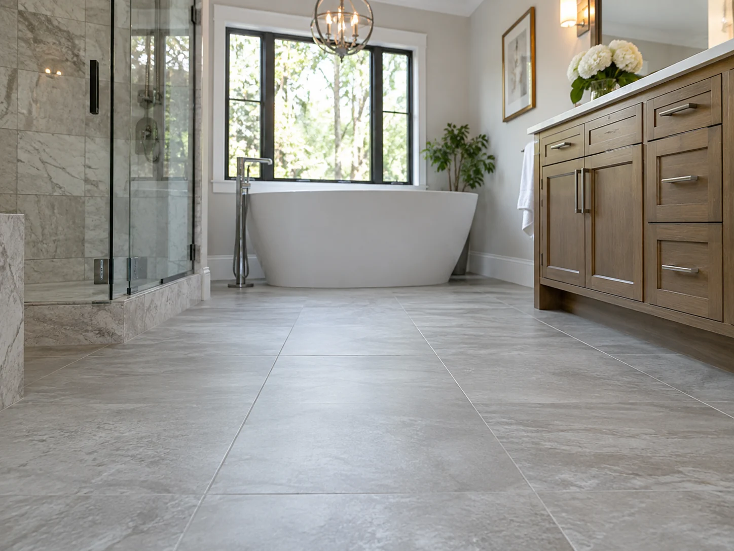 Large-format bathroom tile flooring with a freestanding tub and wood vanity
