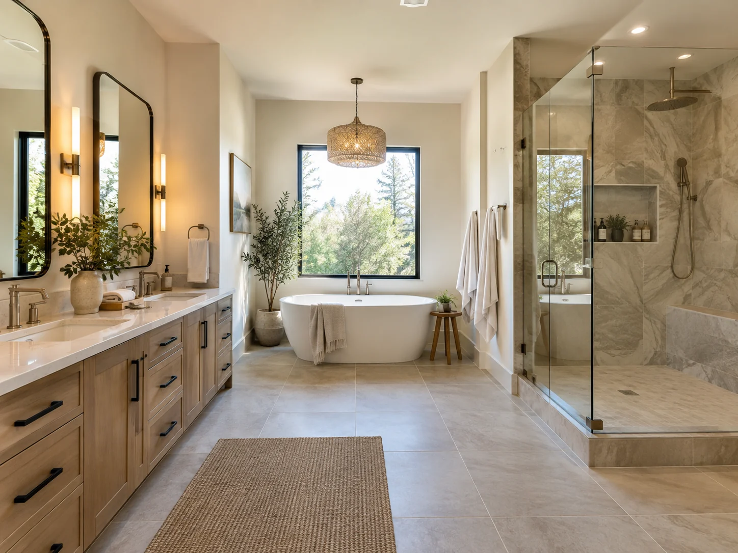 Primary bathroom with freestanding tub and tiled shower