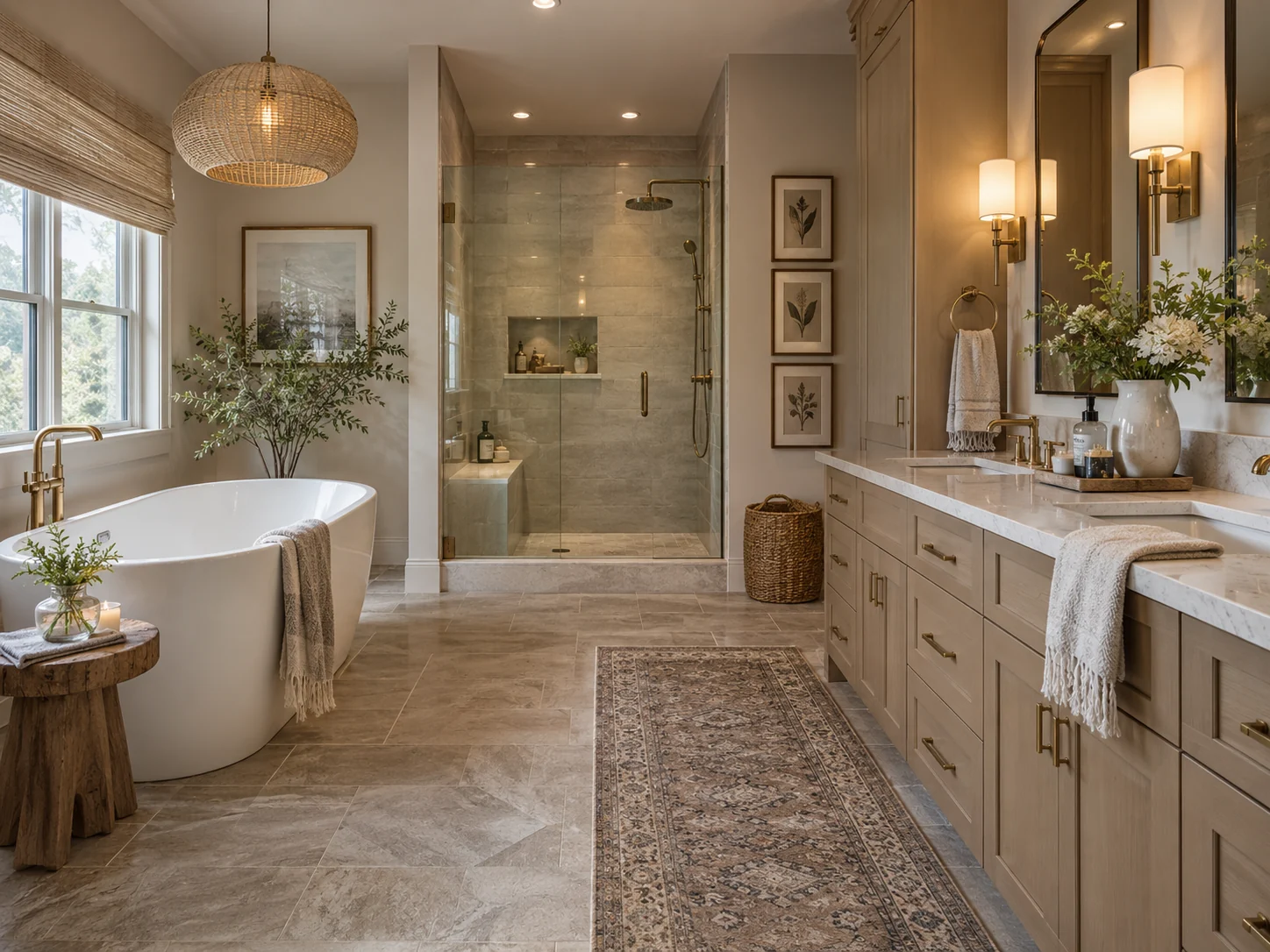 Spa-style bathroom remodel with custom vanity, freestanding tub, and tiled shower