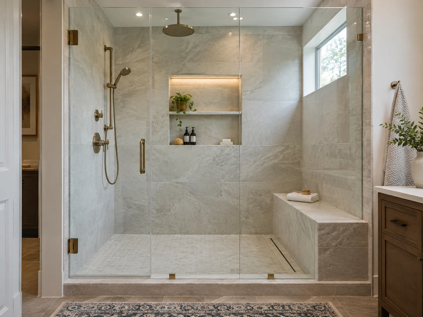 Large walk-in shower with a stone bench and illuminated niches