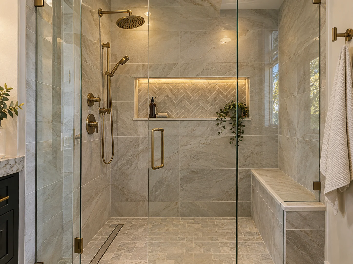 Glass walk-in shower with stone tile, a built-in bench, and brass fixtures