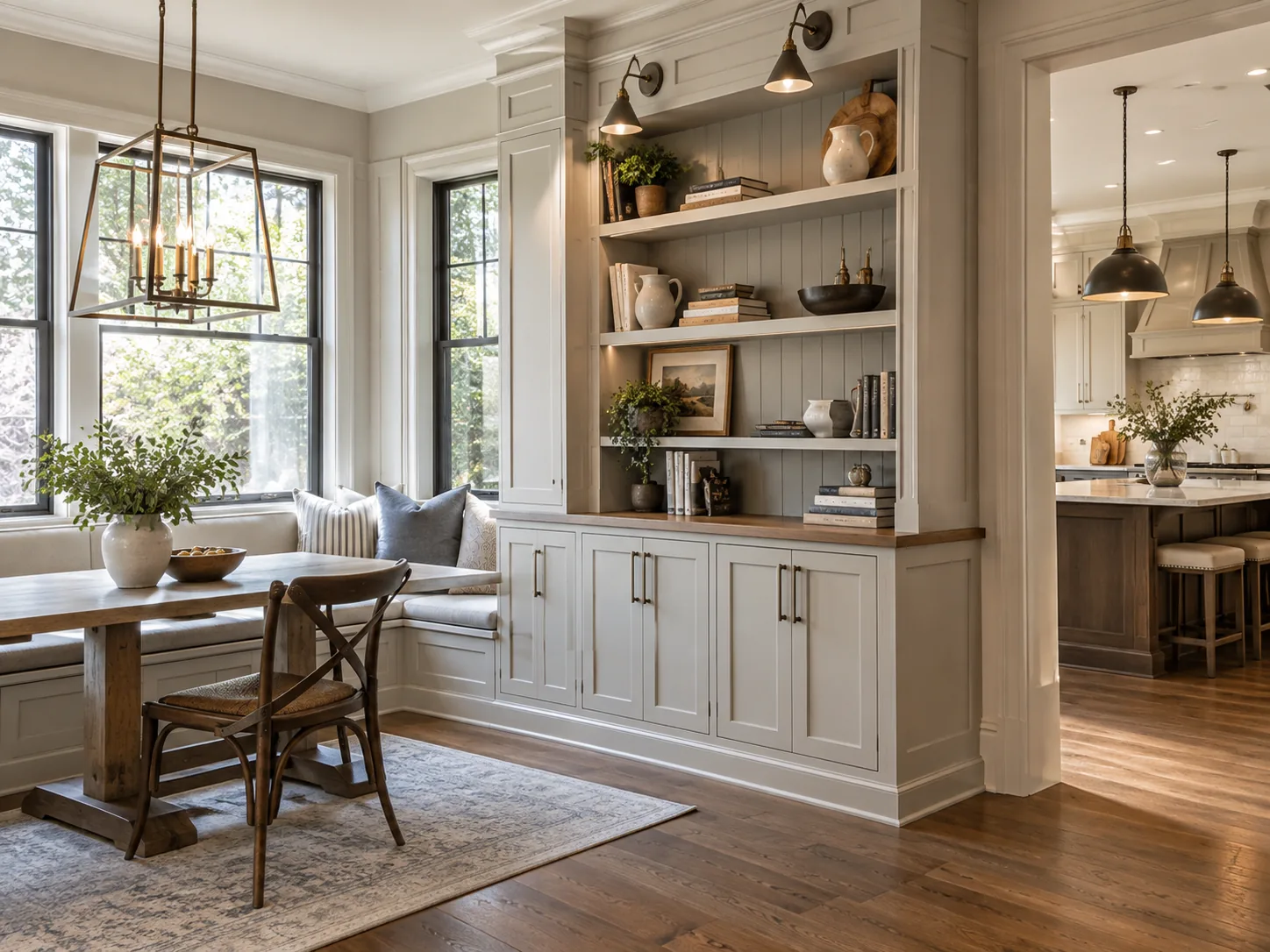 Custom dining room built-ins with shelving, cabinets, and a window bench