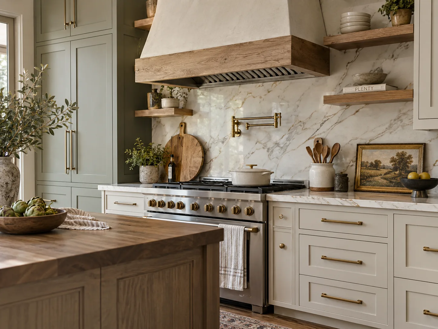 Custom inset kitchen cabinets framing a range and wood-trimmed hood