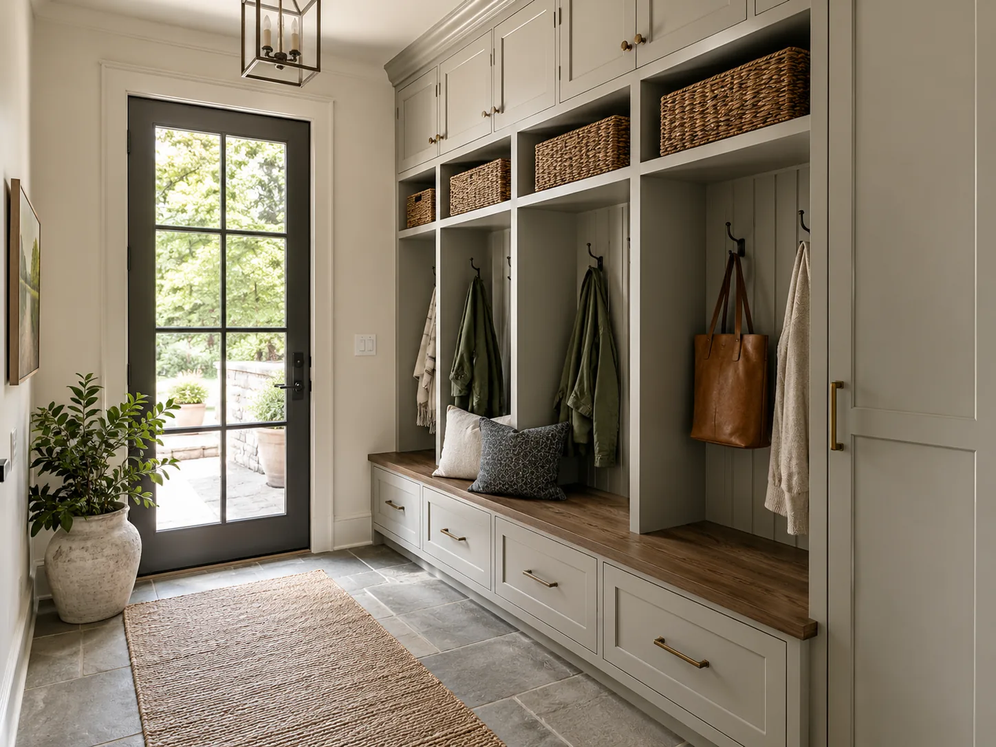 Custom mudroom cabinets with cubbies, drawers, hooks, and bench seating