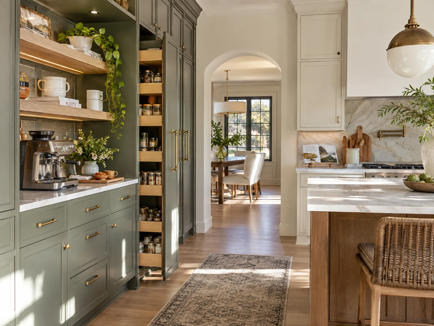 Custom kitchen pantry cabinets with pull-out storage and coffee bar