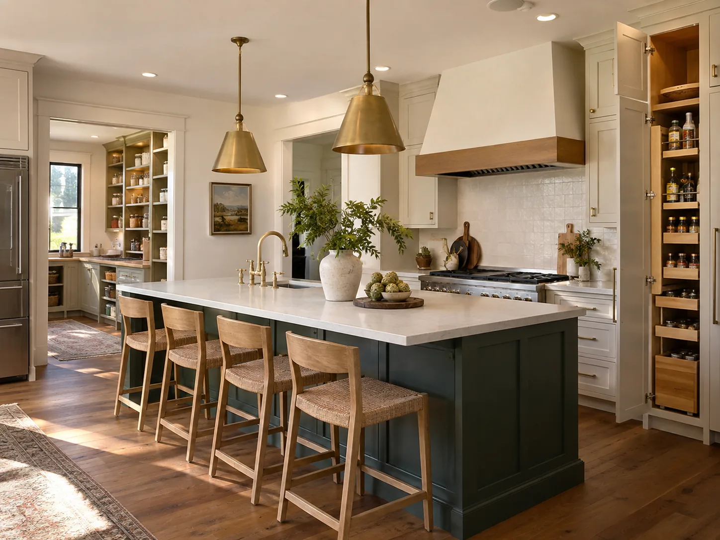 Custom kitchen island and tall pantry cabinets with open pull-out storage