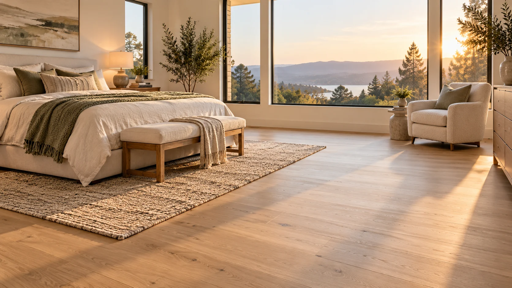 Light hardwood flooring in a bedroom with large sunset windows