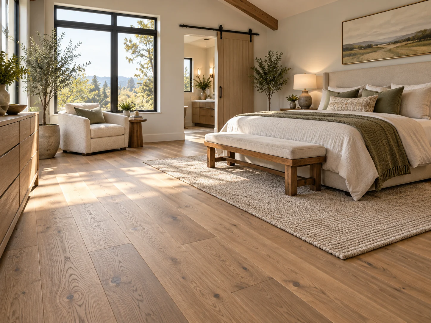 Wide-plank hardwood flooring in a bright primary bedroom