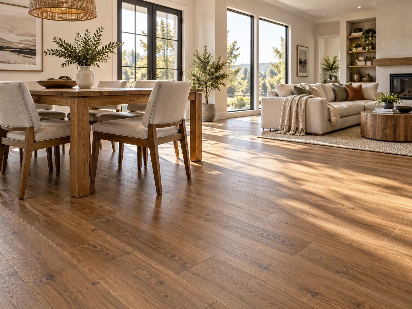 Open living and dining space with new hardwood flooring