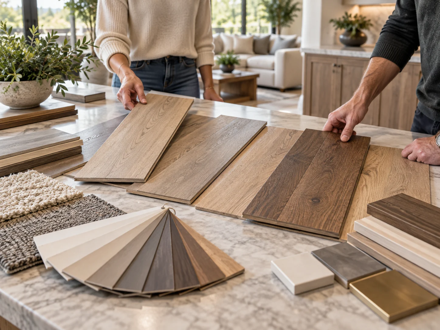 Homeowners comparing wood-look flooring samples and finishes