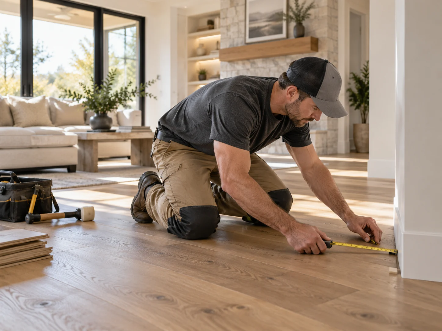 Flooring installer measuring a finished hardwood floor at the wall