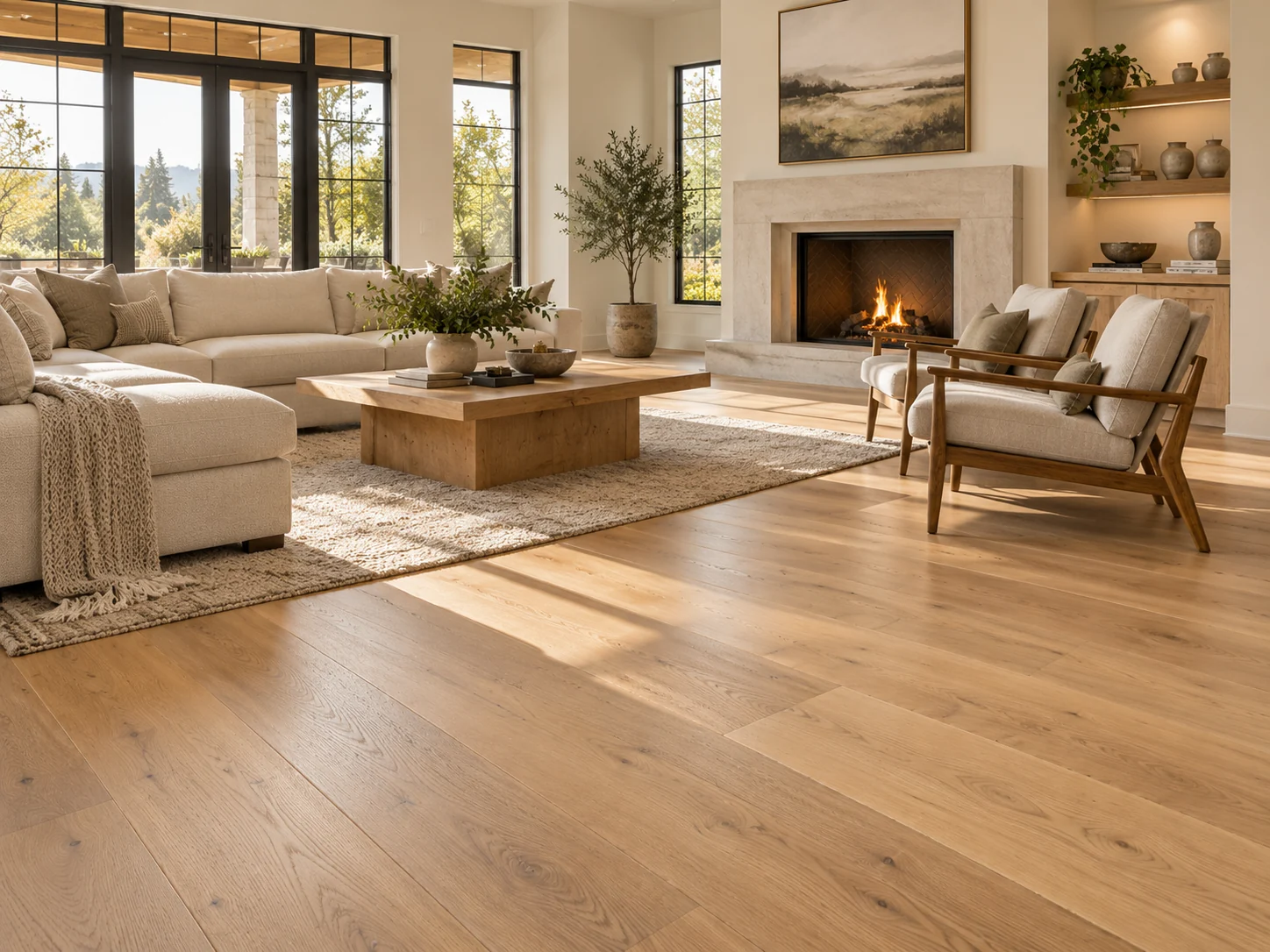 Natural hardwood flooring in a bright living room with a fireplace