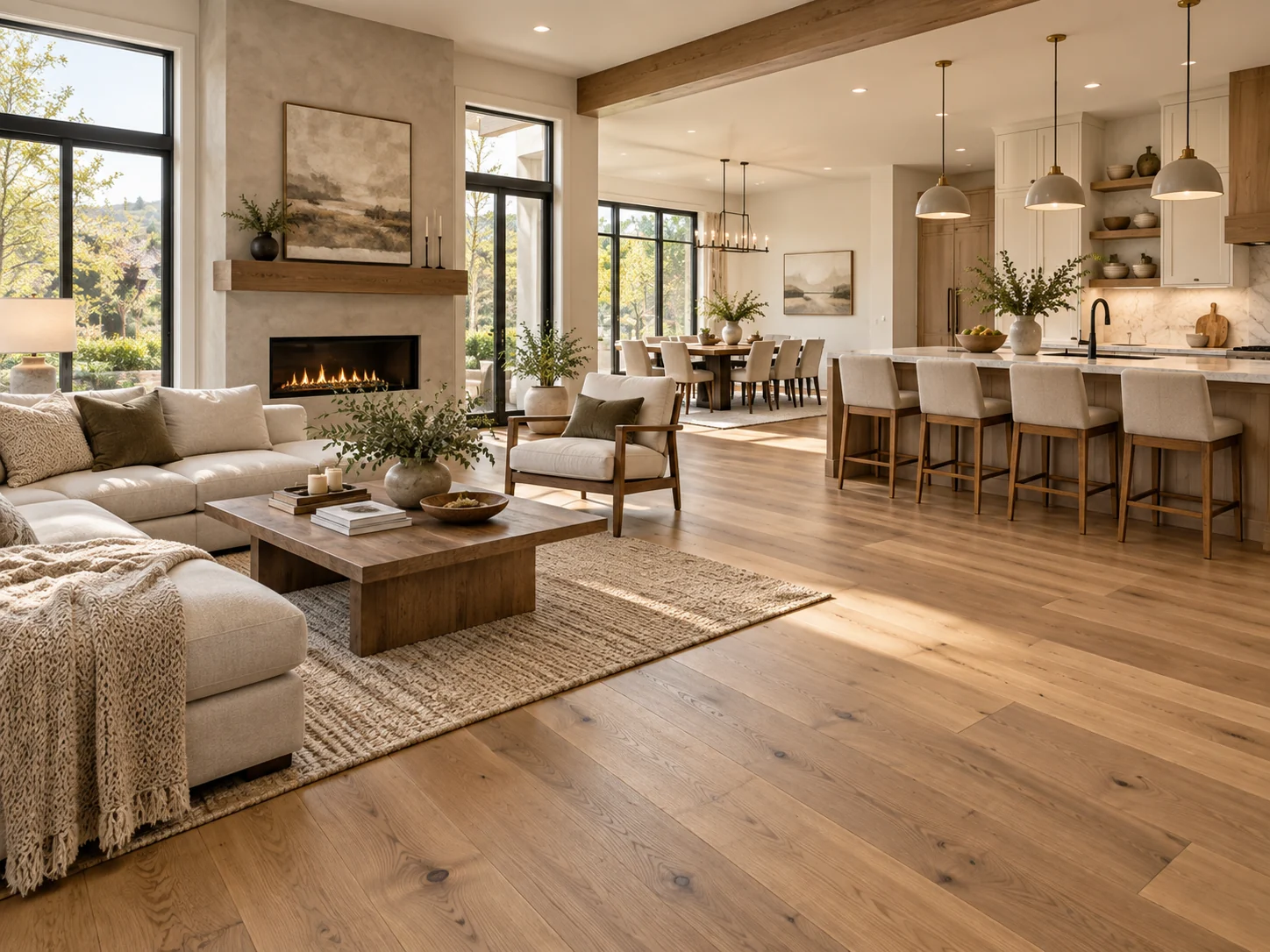 Open-concept home with new hardwood flooring
