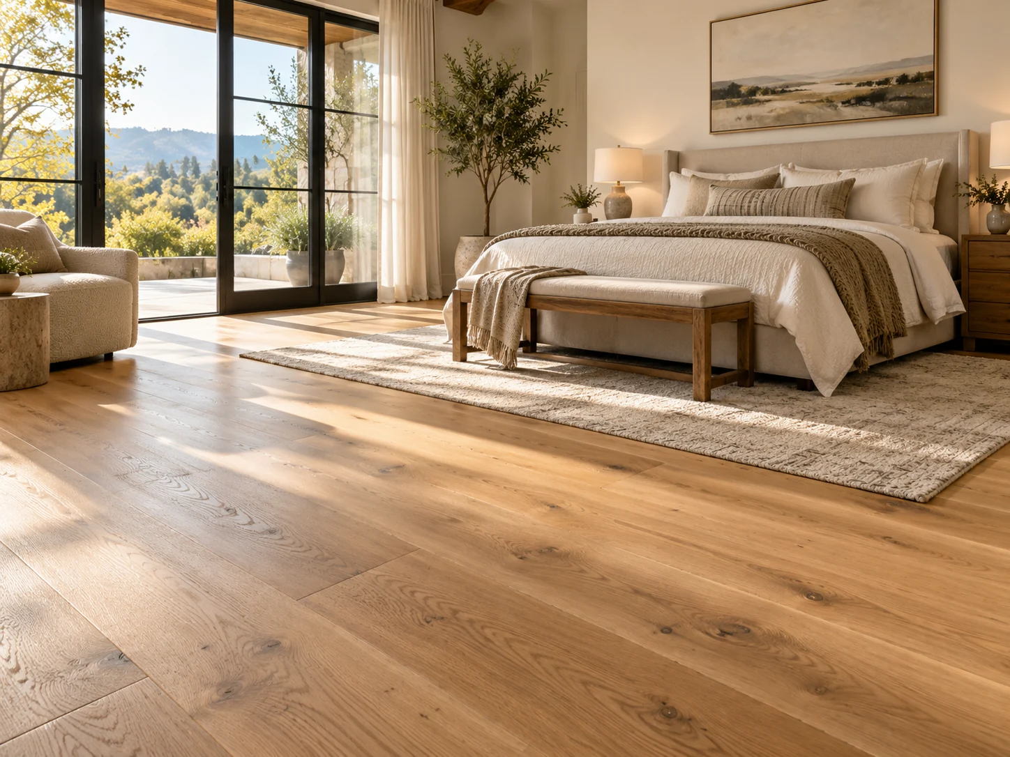 Warm wide-plank hardwood flooring in a primary bedroom