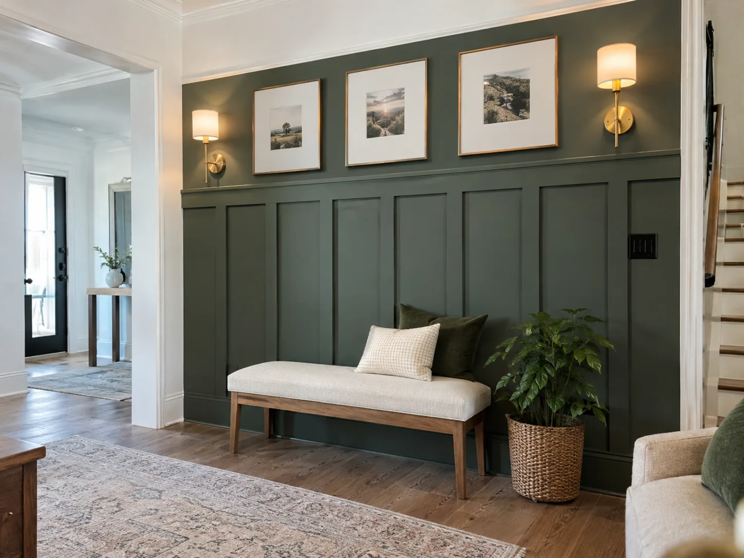 Dark green board-and-batten accent wall with integrated picture lighting