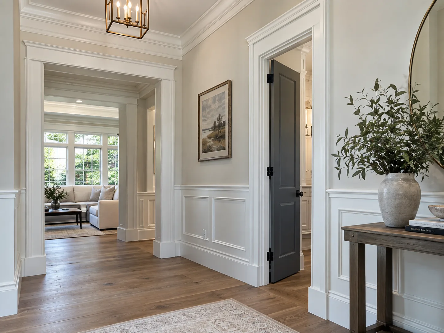 Finished entryway with custom trim and wainscoting