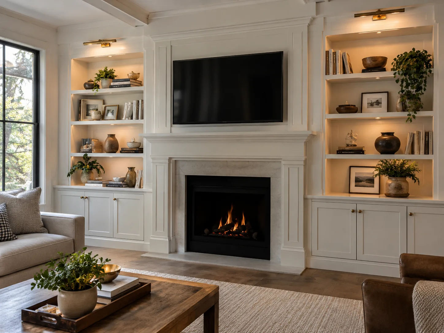 Living room with custom fireplace built-ins