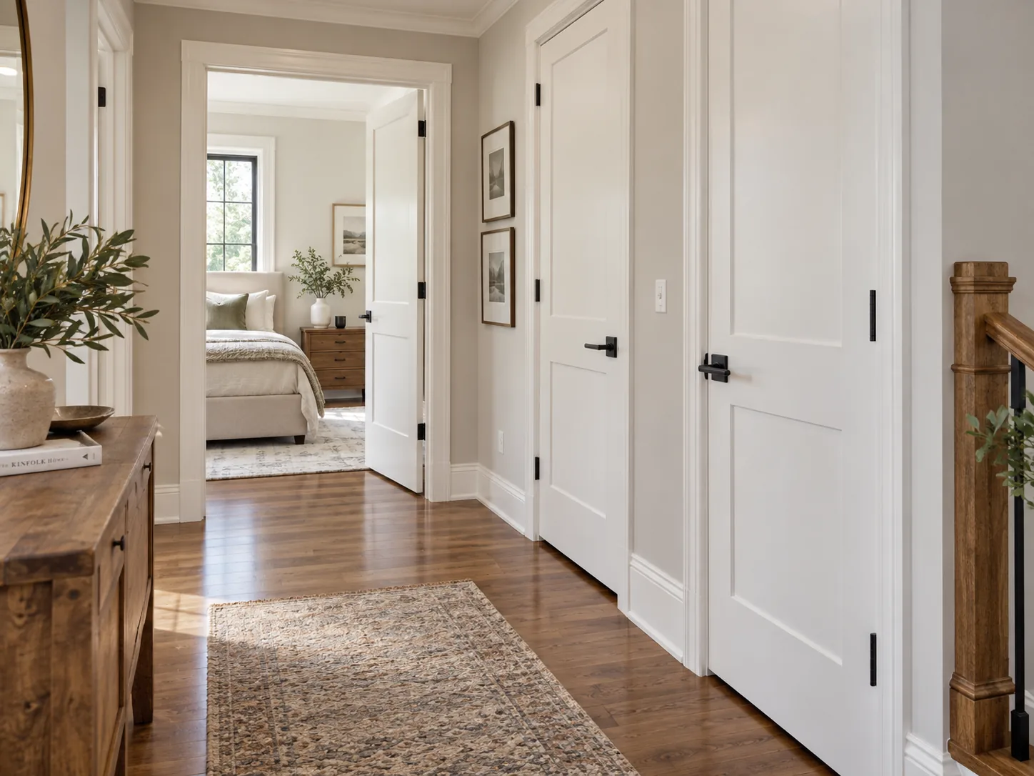 Finished interior doors, casings, baseboards, and hardwood flooring