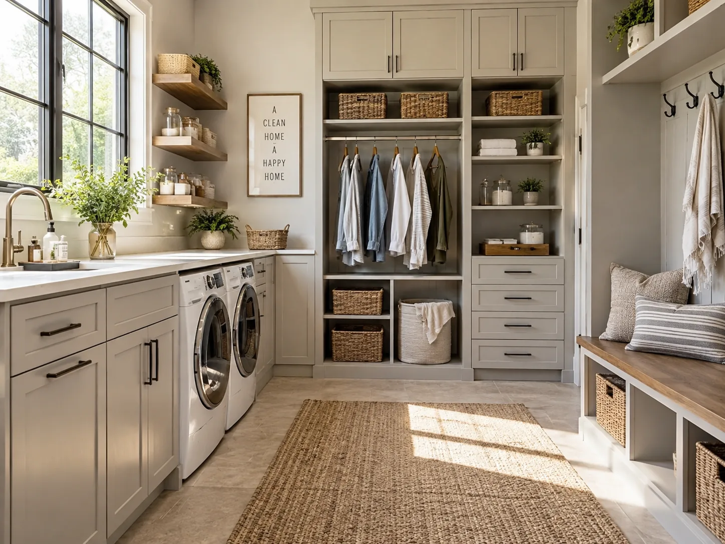Combined laundry and mudroom with cabinetry, open storage, and bench seating