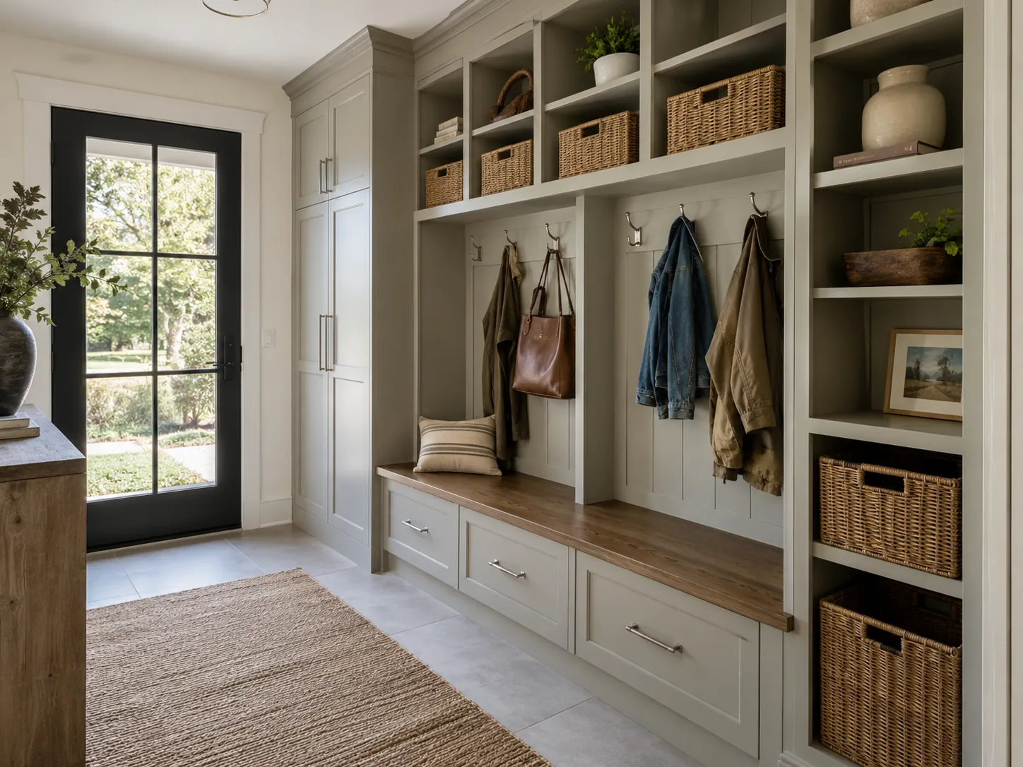 Custom mudroom cubbies with hooks, bench drawers, shelving, and tall storage