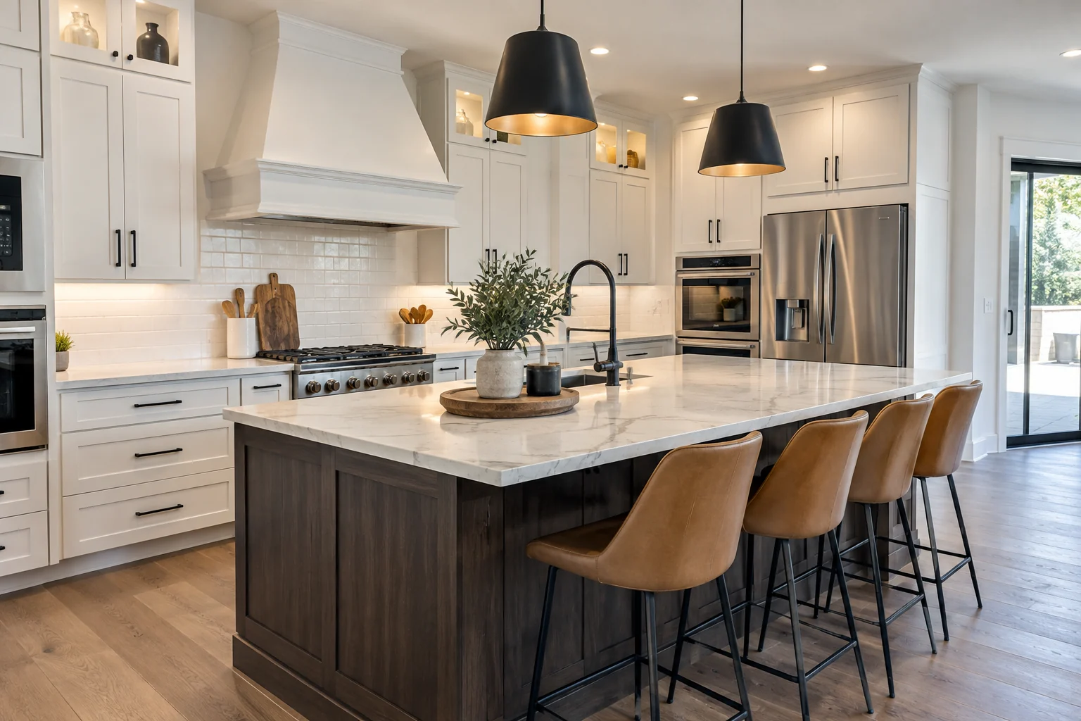 Bright remodeled kitchen with white cabinets, a large marble island, and pendant lighting