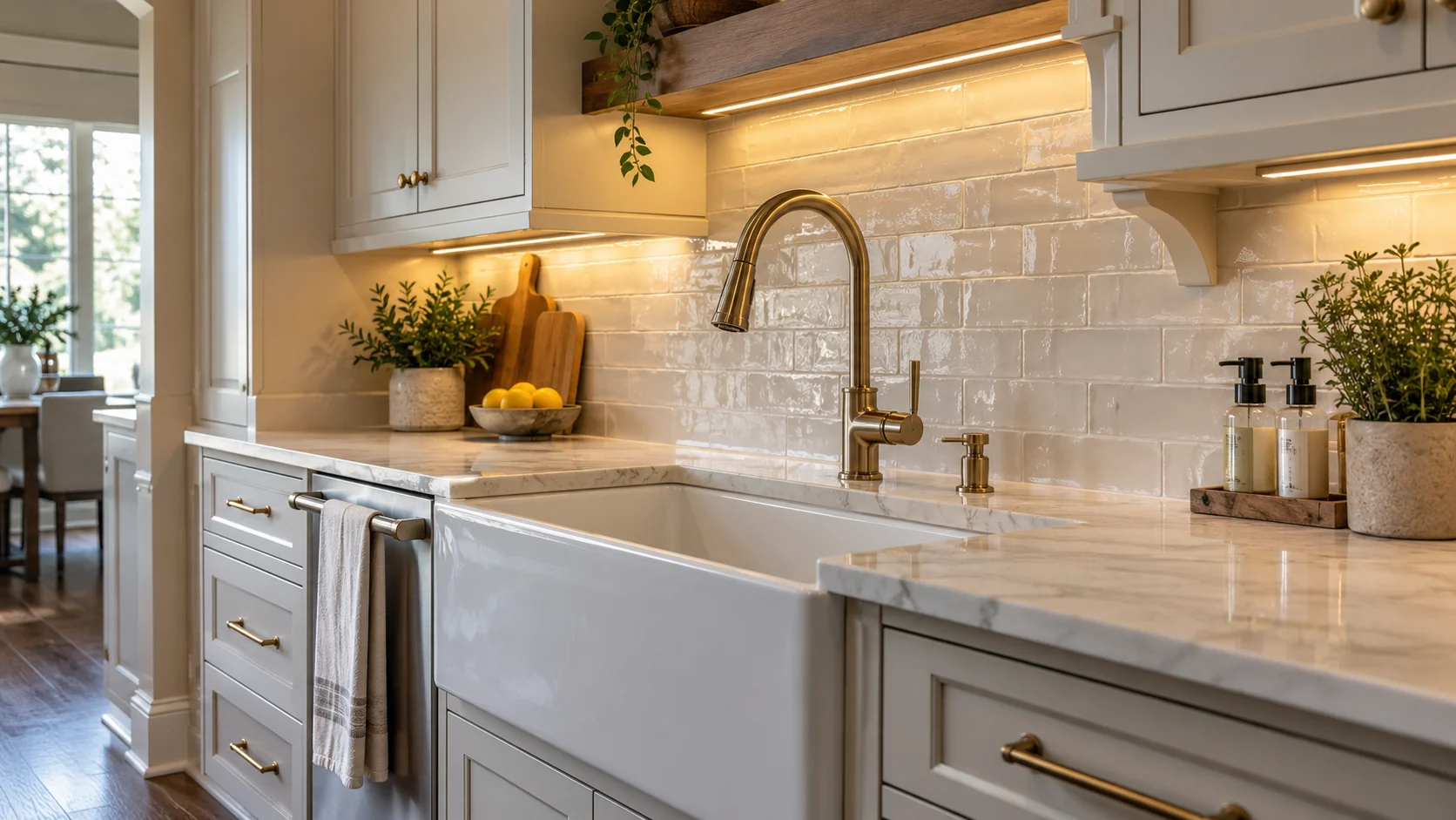 Farmhouse sink, brass faucet, tile backsplash, and under-cabinet lighting