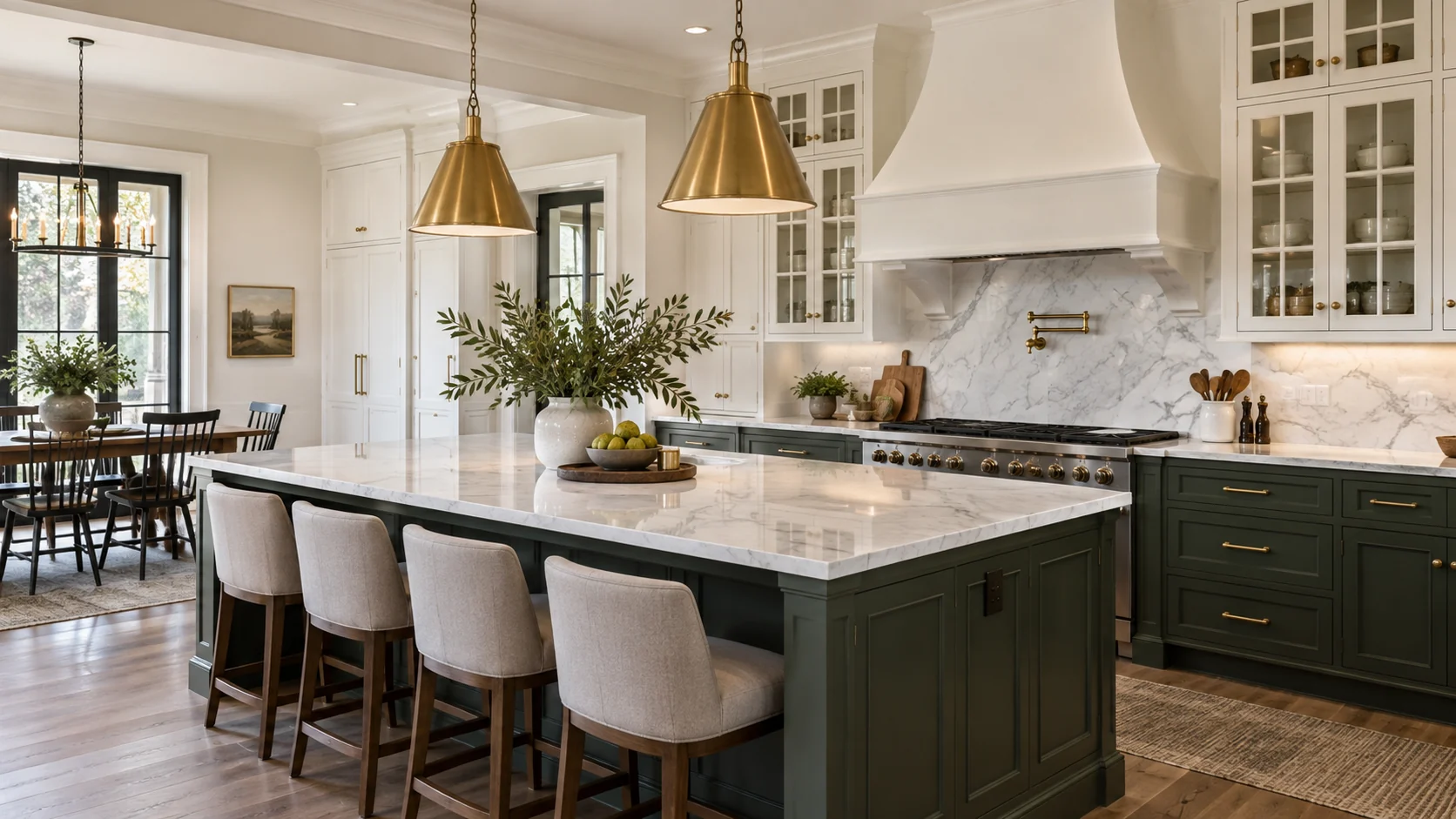 Remodeled kitchen with dark green cabinets, white countertops, and custom storage