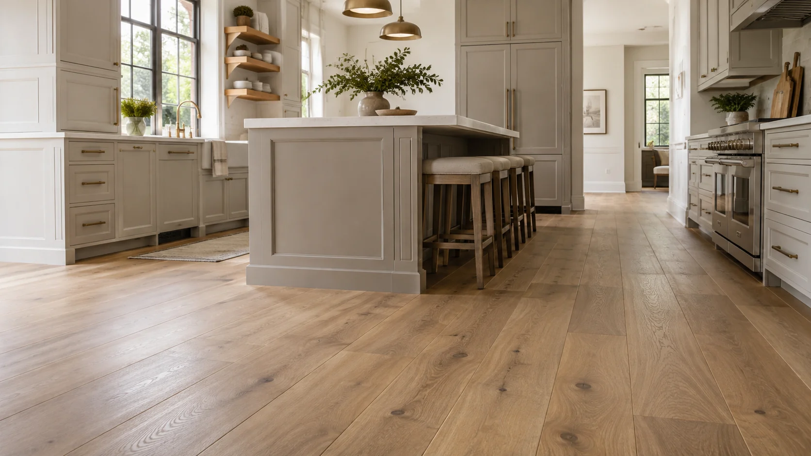 Wide-plank hardwood flooring in a remodeled kitchen