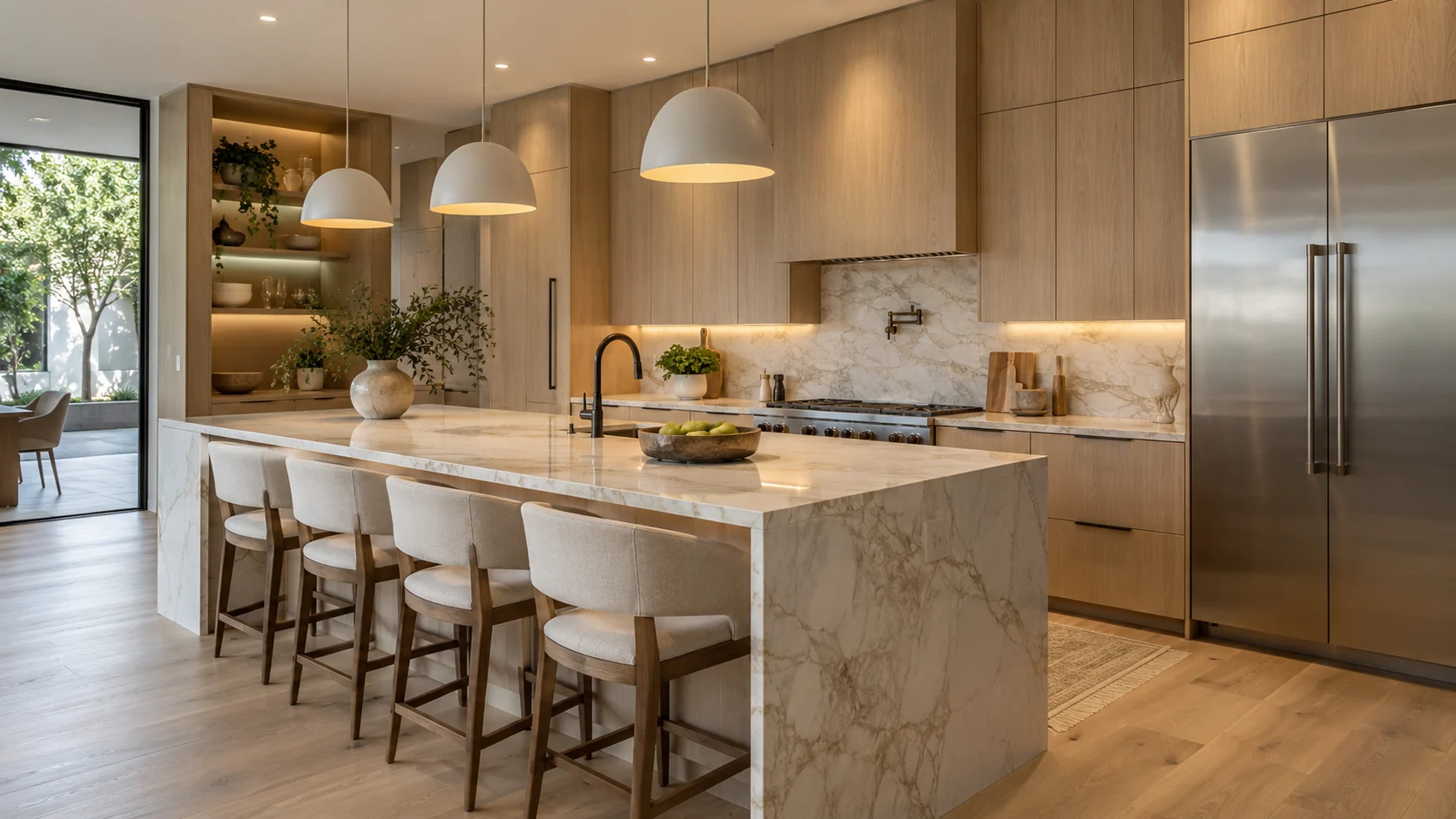 Remodeled Sacramento kitchen with natural wood cabinets and stone island