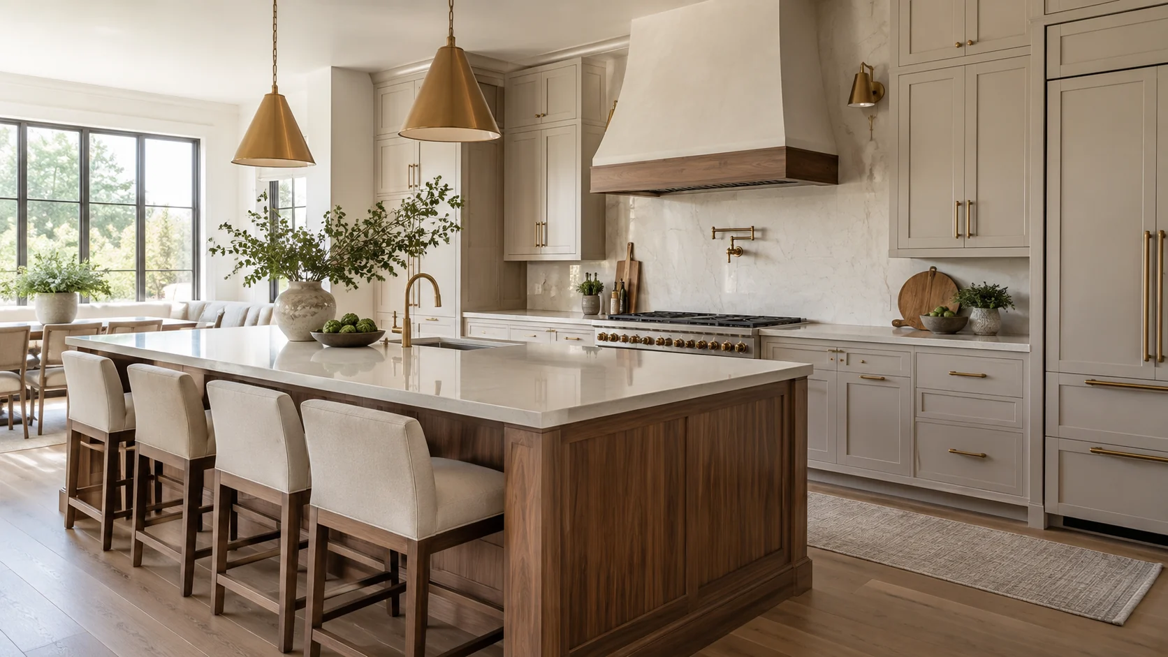 Warm neutral kitchen with a walnut island and brass pendant lights
