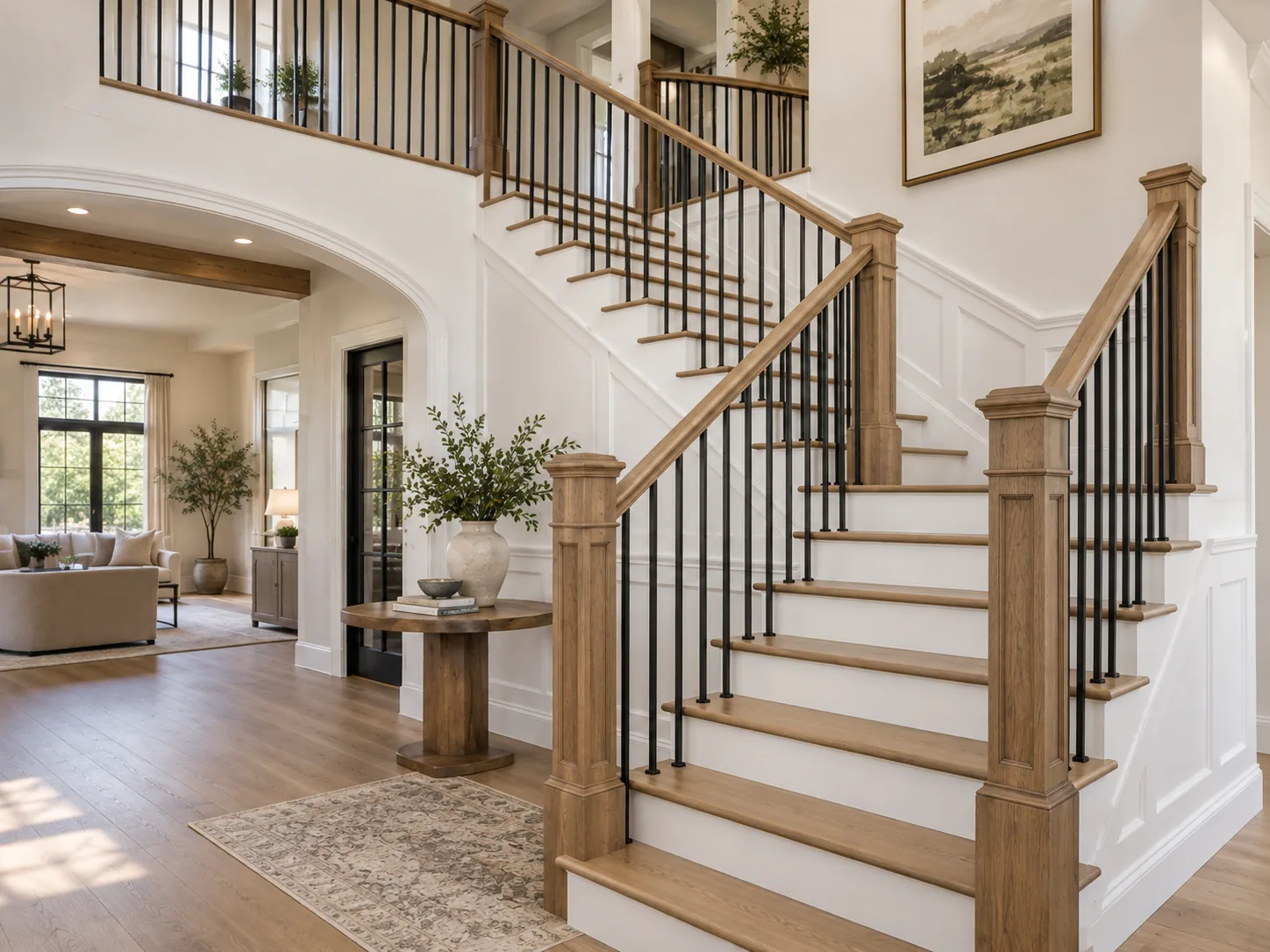 Open foyer staircase with wood treads, white risers, and black balusters