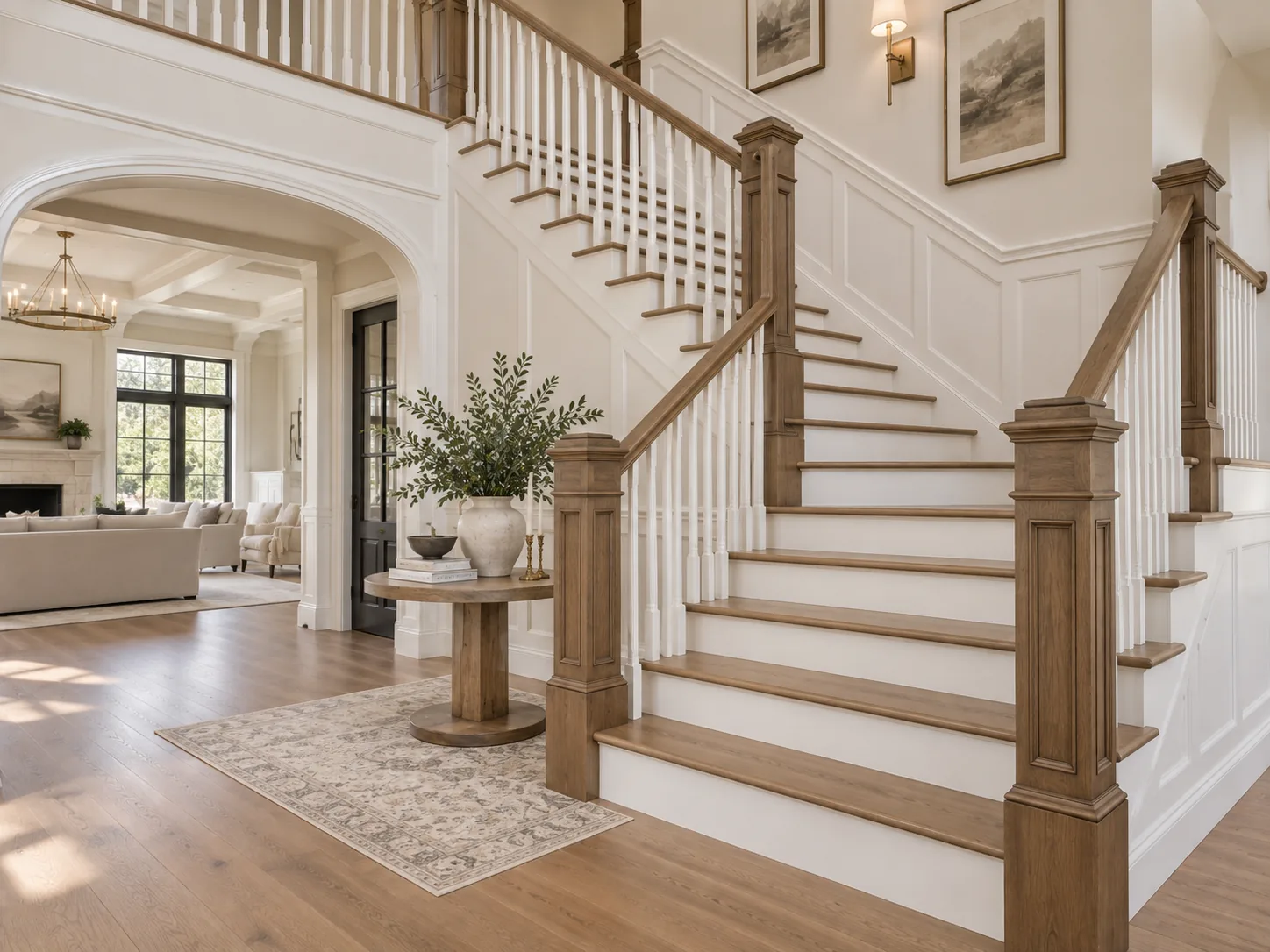 Traditional remodeled staircase with wood treads, white balusters, and custom posts
