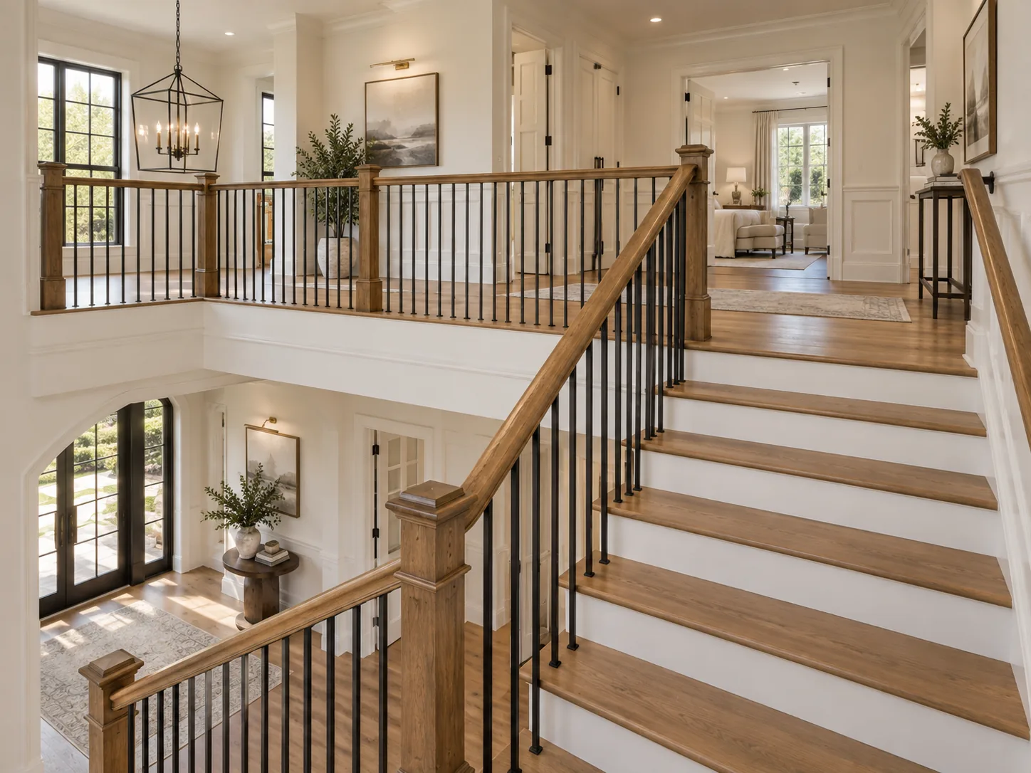 Upper staircase landing with oak handrail and black iron balusters